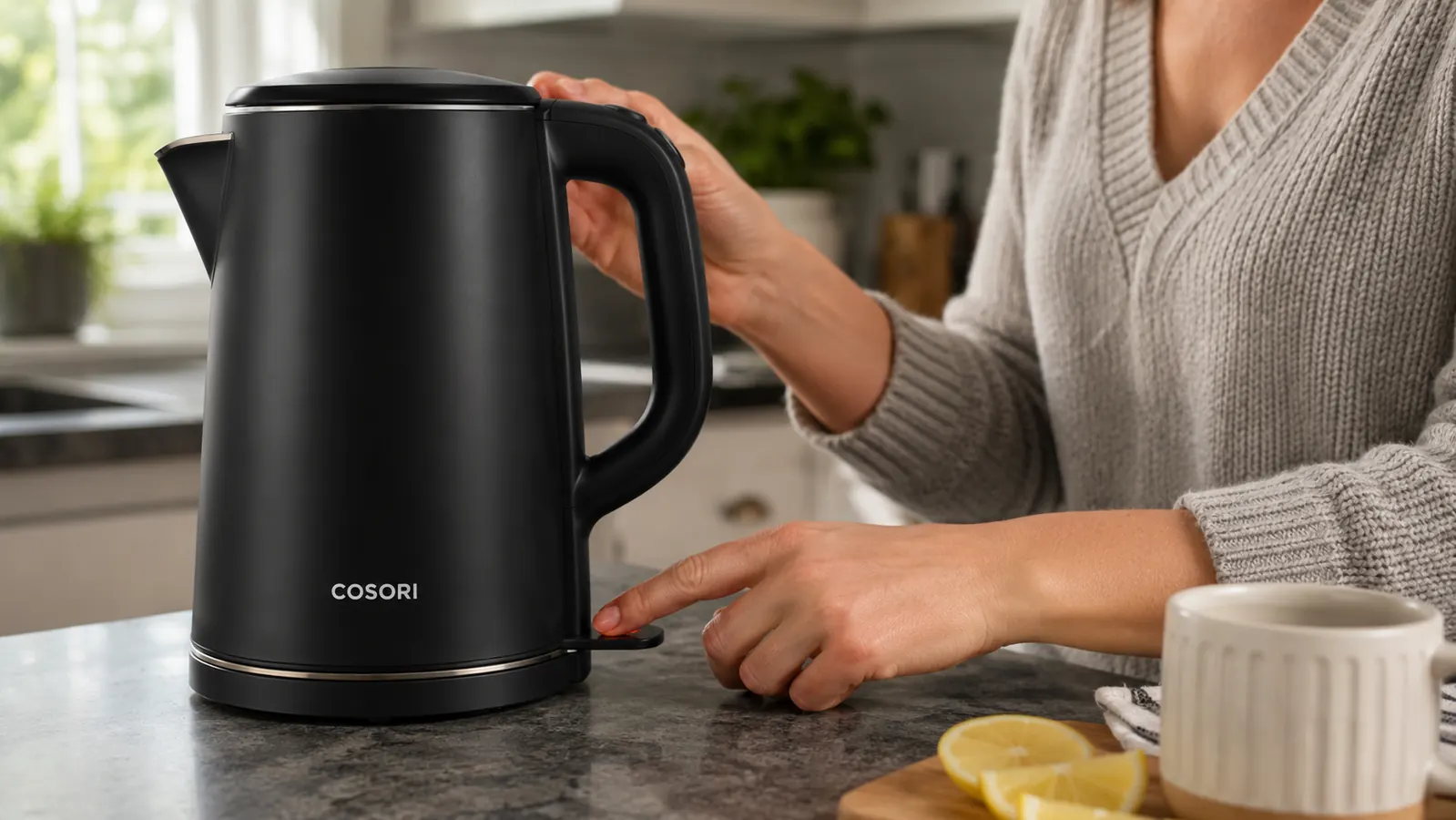 Hand pressing the button on the Cosori electric kettle to start boiling