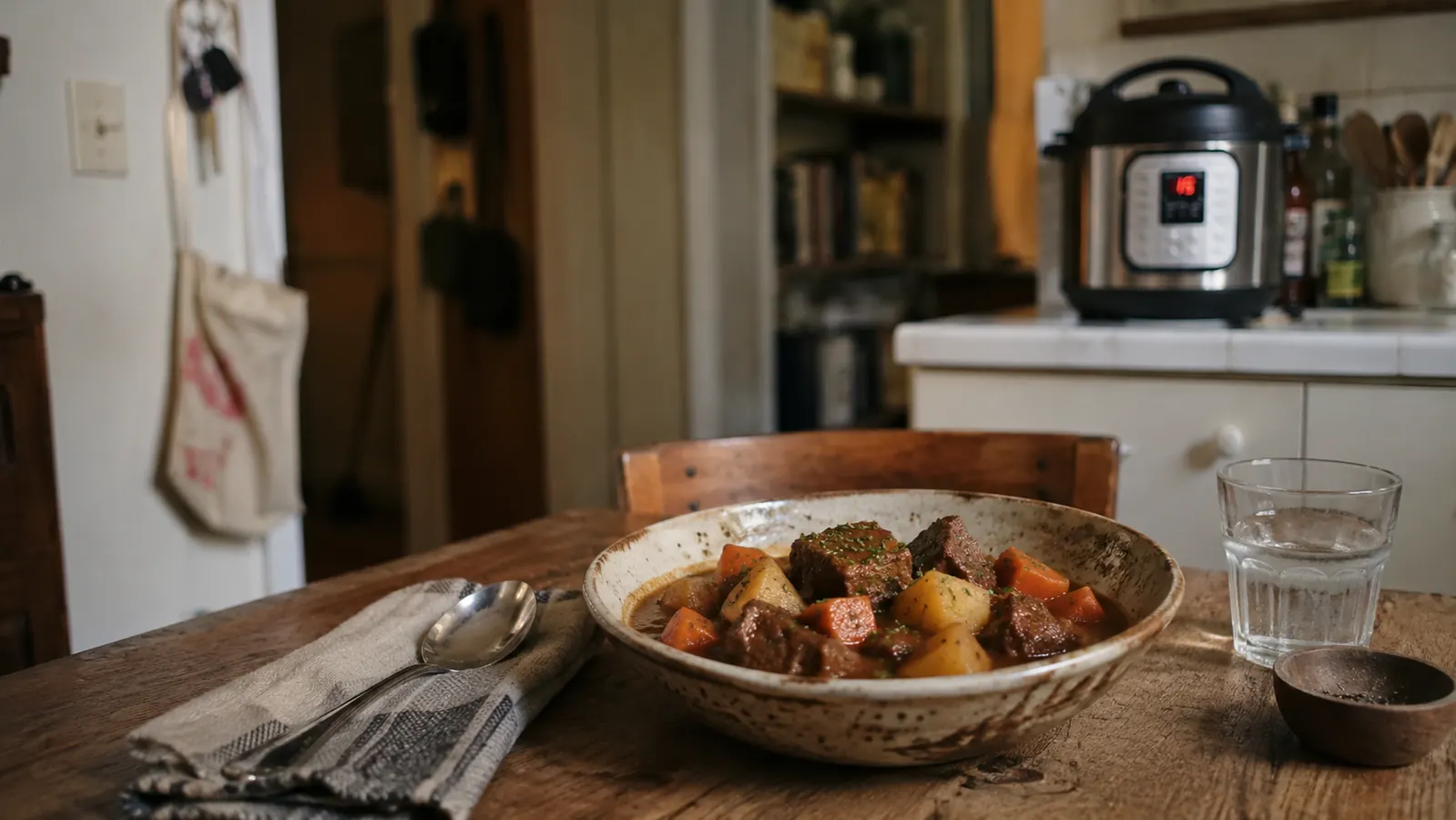 Bowl of hearty beef stew ladled from an Instant Pot Mini on a small apartment dining table set for one