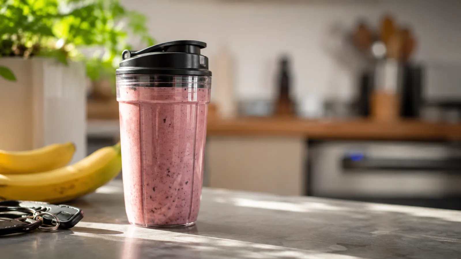 Finished smoothie in the blending cup ready to drink on the go