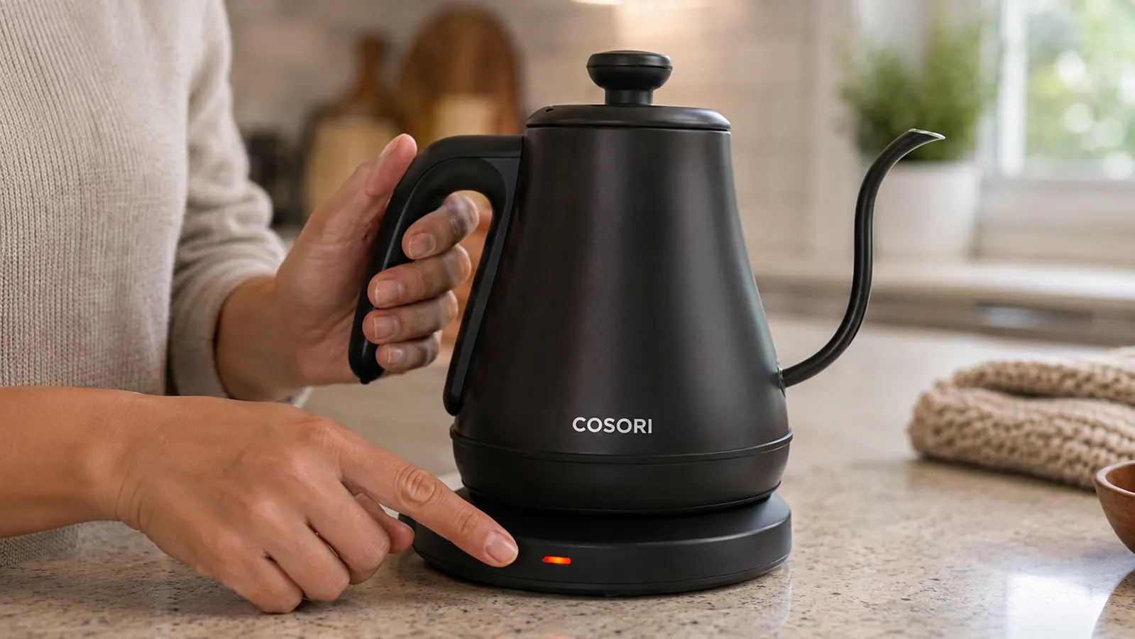 Hand pressing the power button on the Cosori electric kettle base