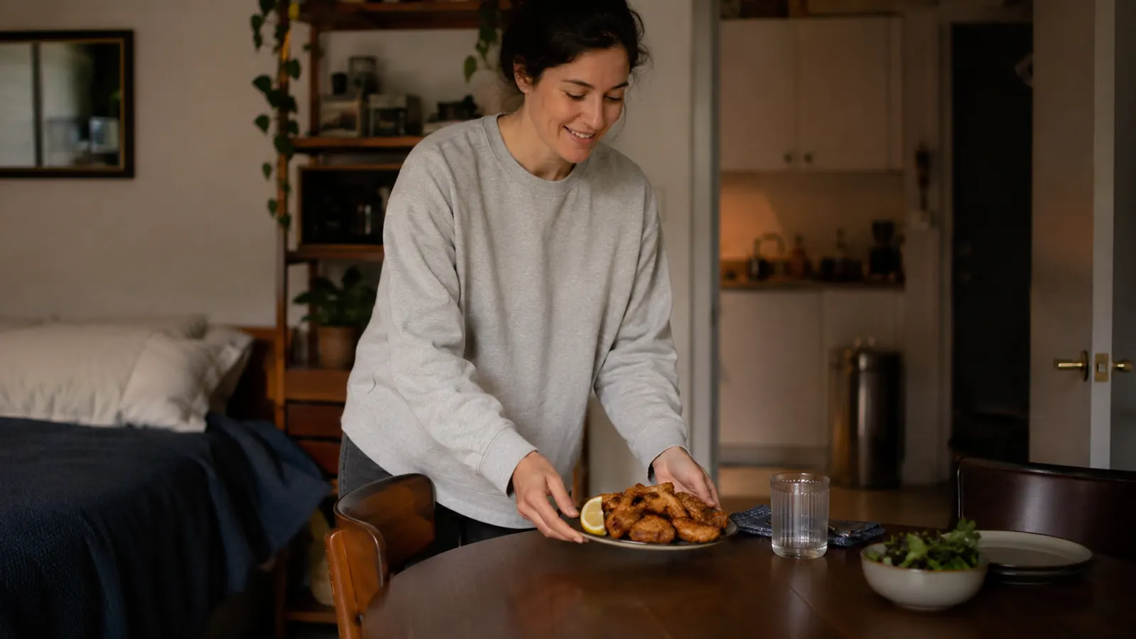 Woman setting a plate of air-fried food on a small kitchen table in a cozy studio apartment