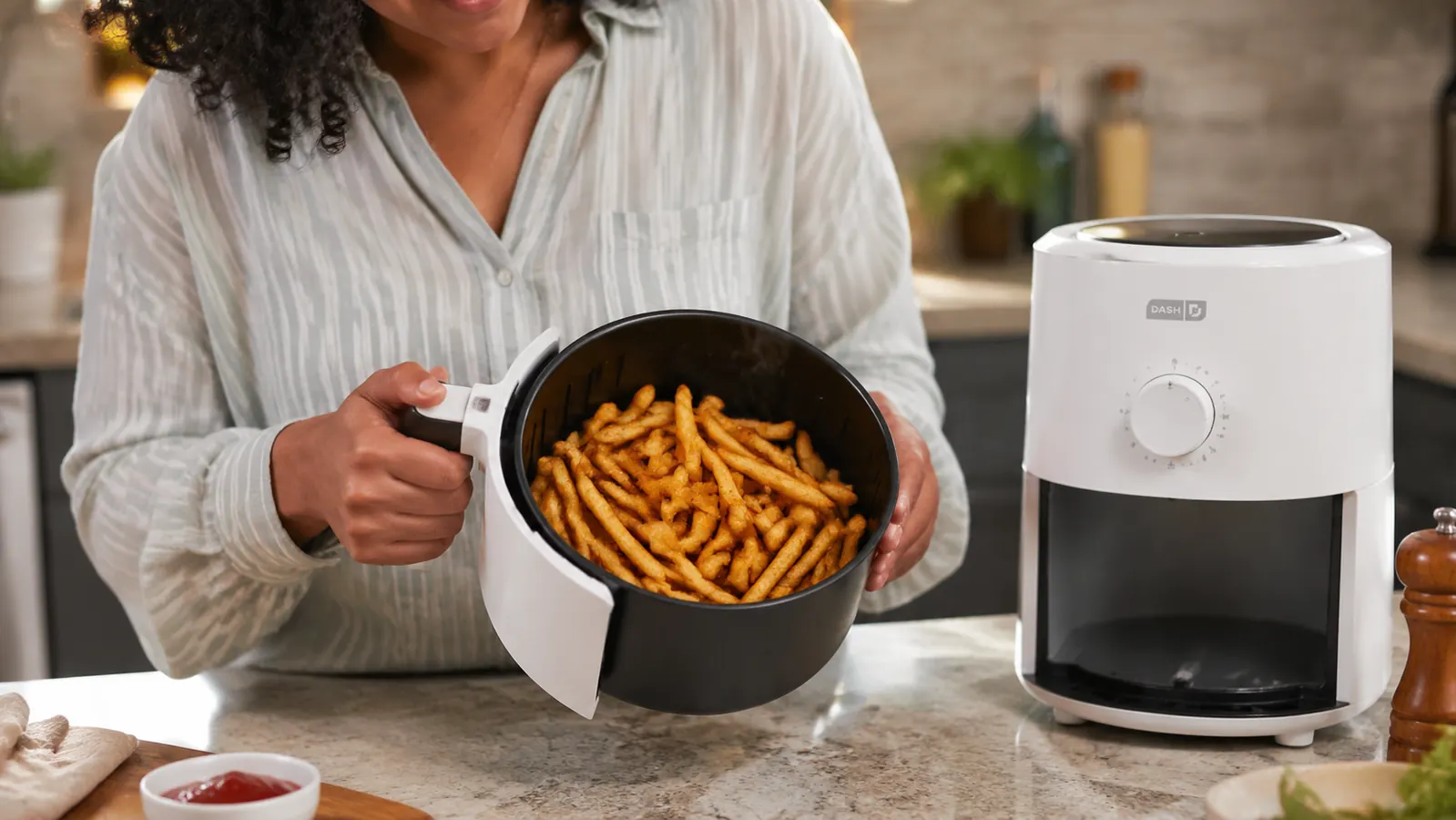 Golden crispy french fries in the Dash air fryer basket, perfectly browned with no oil pooling