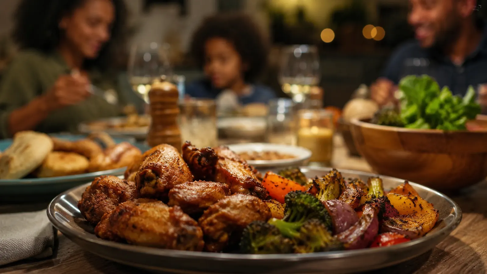 Plate of air-fried chicken wings and vegetables on a kitchen table with a family dinner setting in the background