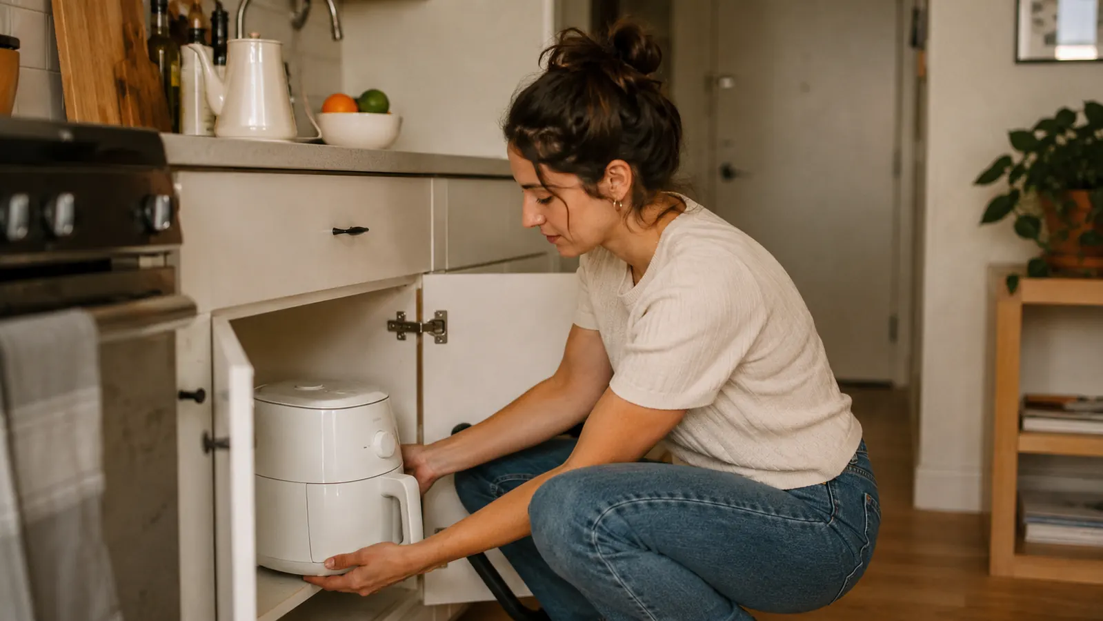 Person placing a small white air fryer back into a kitchen cabinet to show compact storage