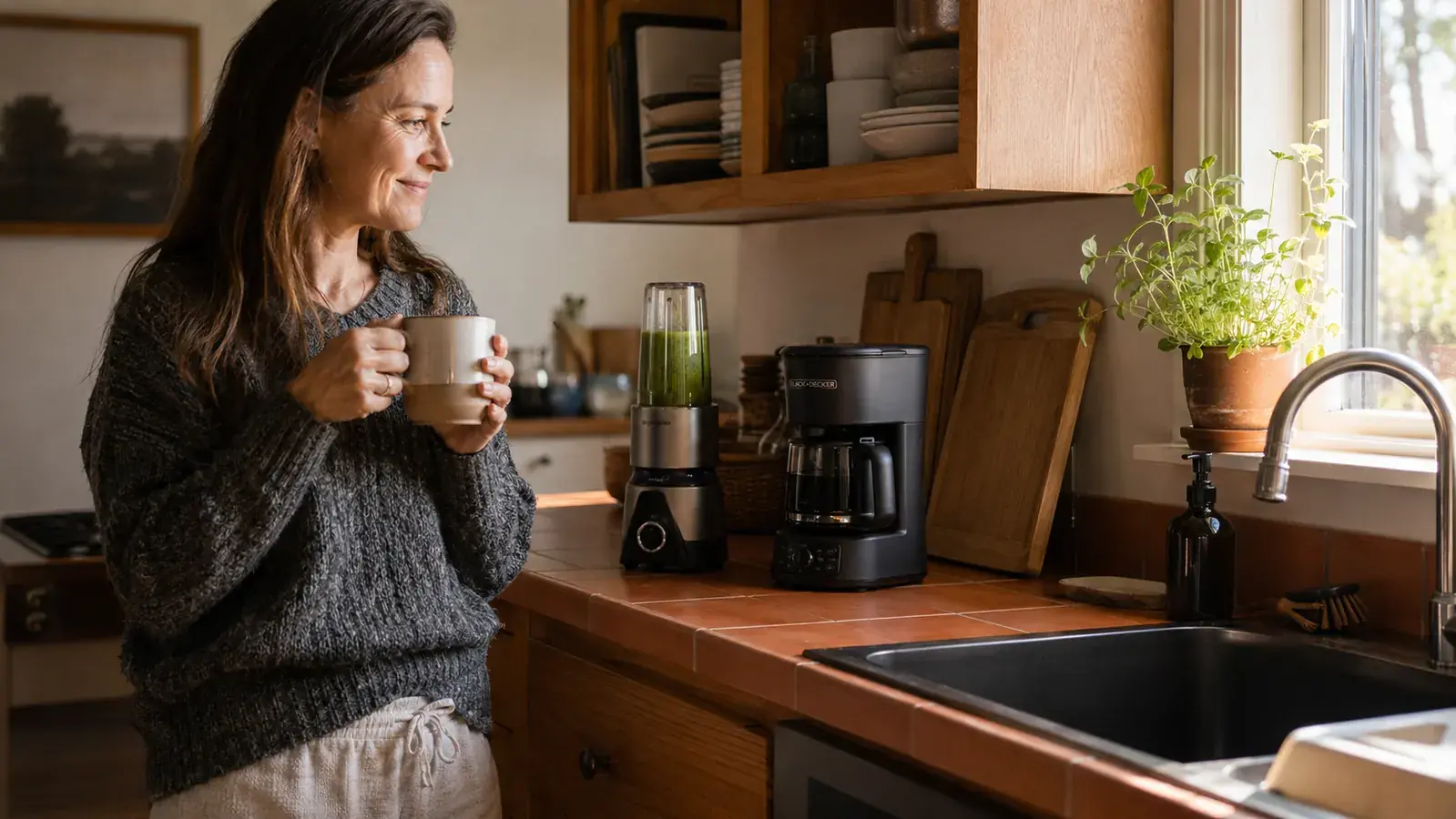 A tidy small kitchen counter in warm morning light, calm and inviting