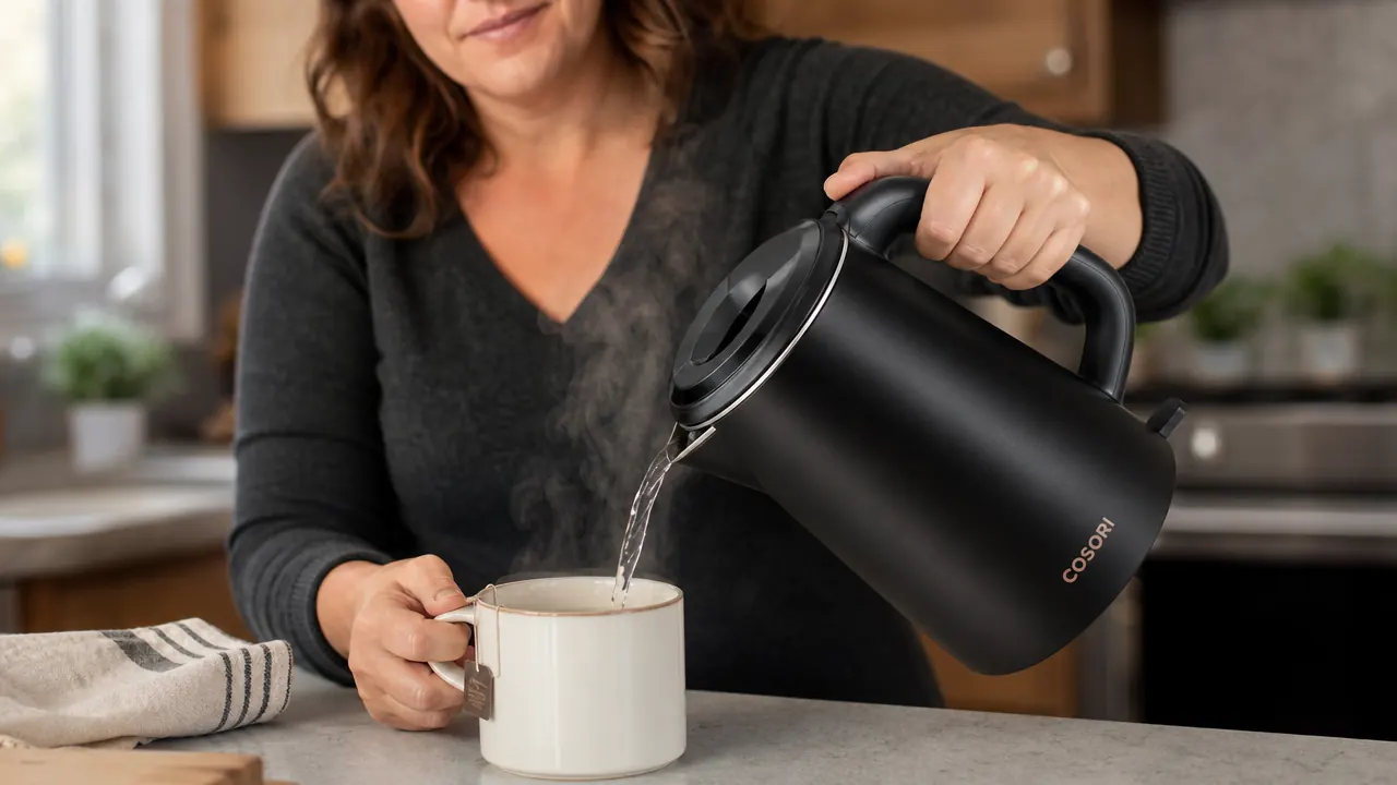 Hand pouring steaming water from a black Cosori kettle into a white ceramic mug with a tea bag