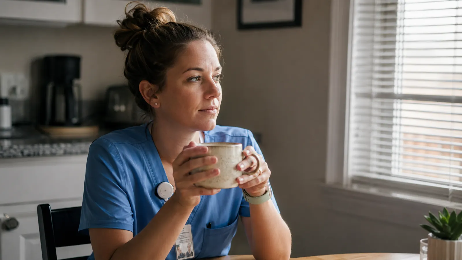 A woman in scrubs sitting at a kitchen table with both hands wrapped around a mug of tea, looking relaxed before a morning shift