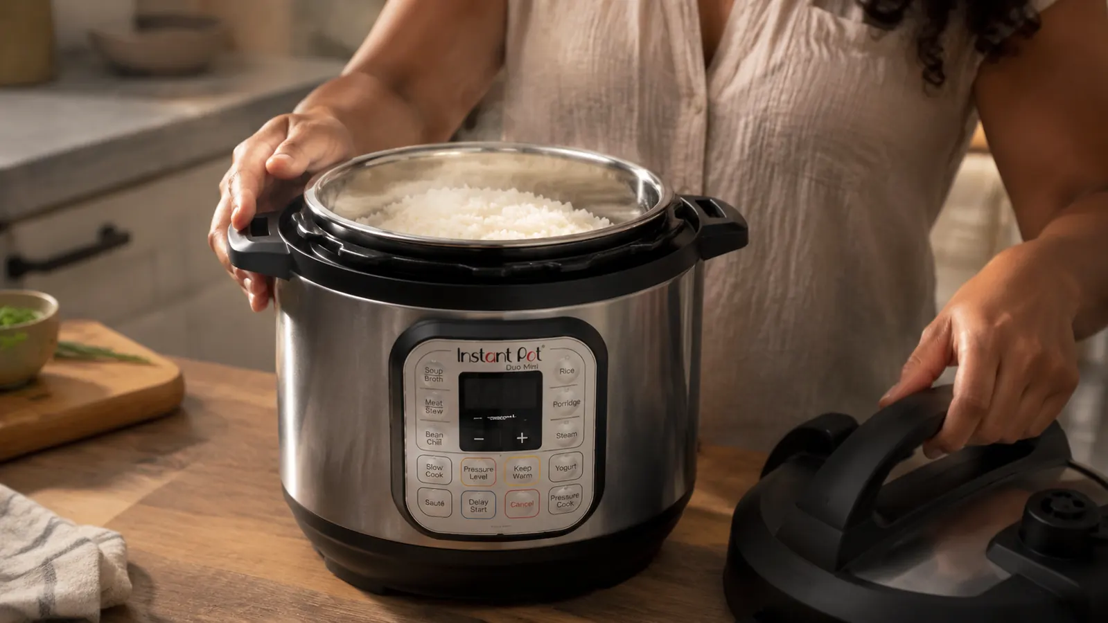 Instant Pot Duo Mini 3-quart with lid off, steaming rice visible inside, hand setting the lid aside on a small kitchen counter