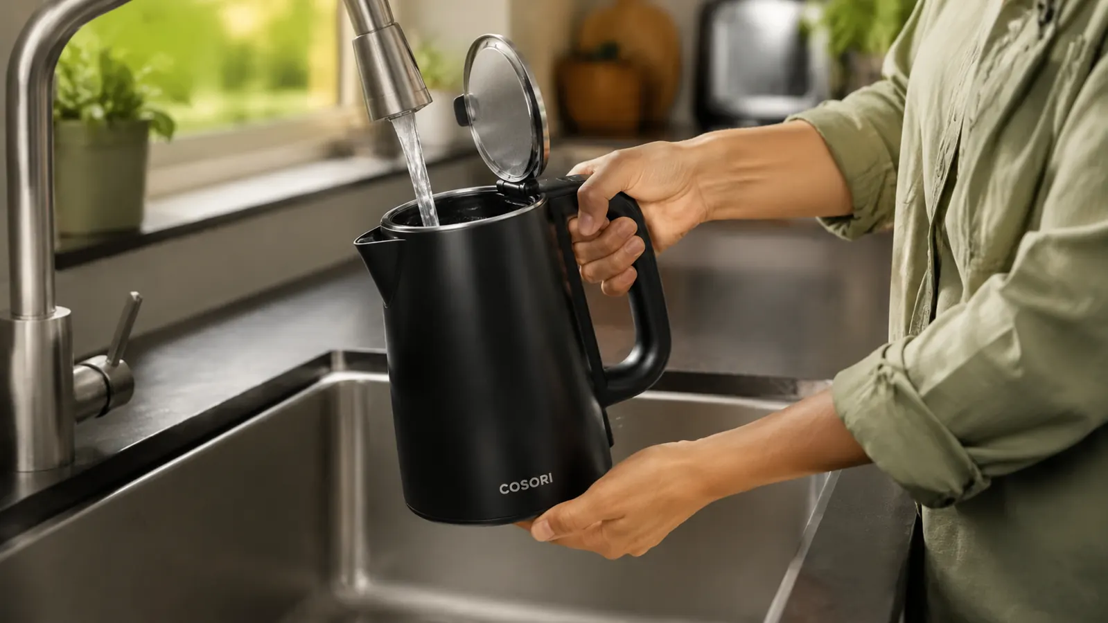 Hand filling a Cosori electric kettle at the kitchen sink