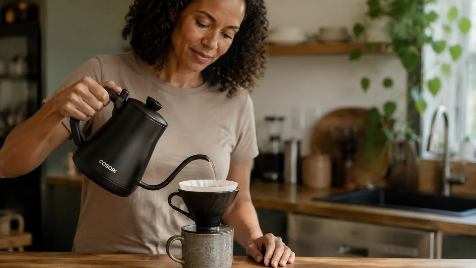 Cosori electric kettle pouring hot water into a pour-over coffee dripper on a kitchen counter