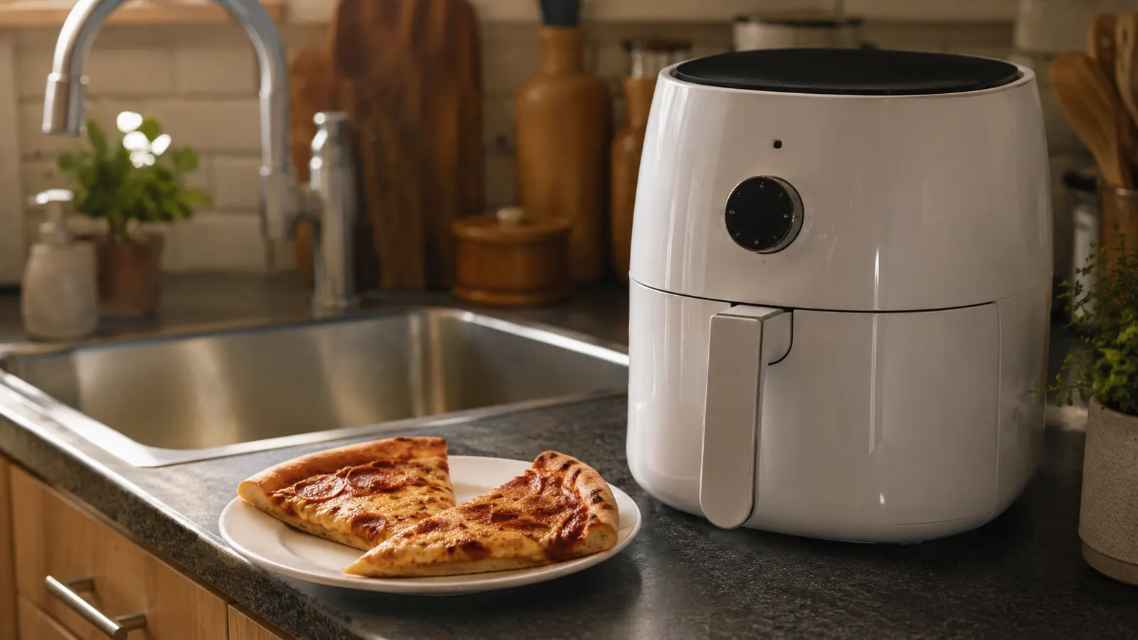 Plate of crispy reheated pizza slices next to a compact white air fryer on an apartment kitchen counter