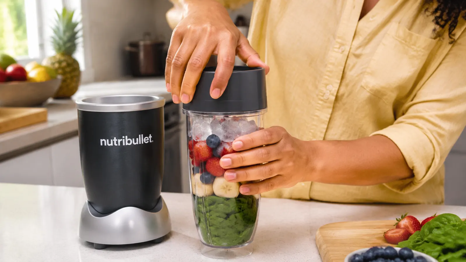 Hands twisting the blade base onto a NutriBullet 600W cup filled with greens and frozen fruit