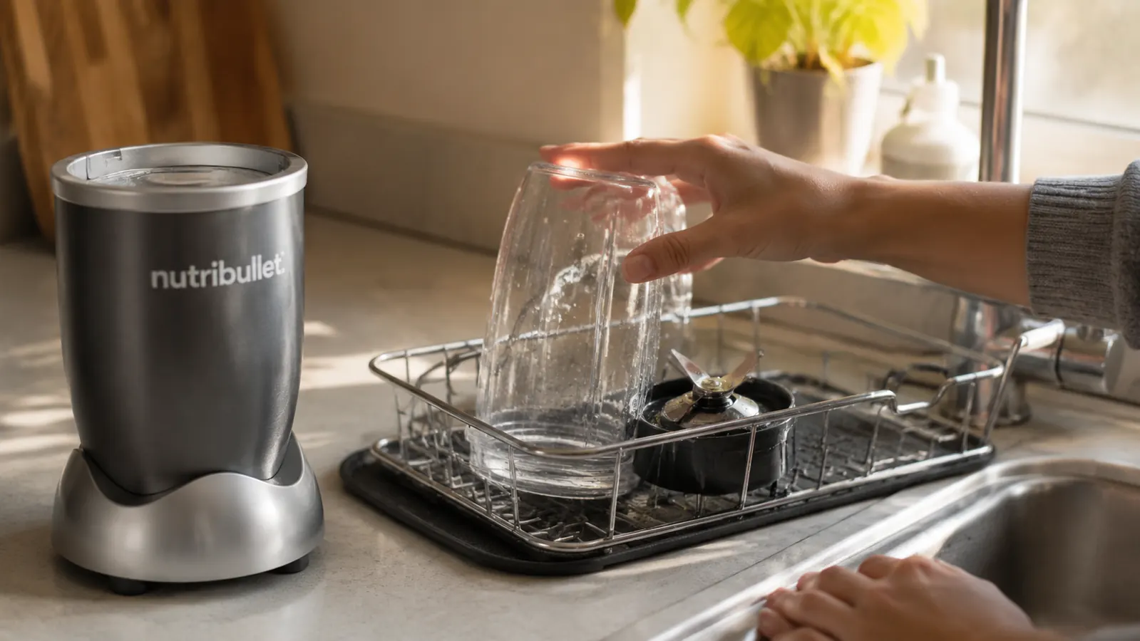 A NutriBullet 600W blender cup flipped upside down draining dry on a dish rack next to a kitchen sink