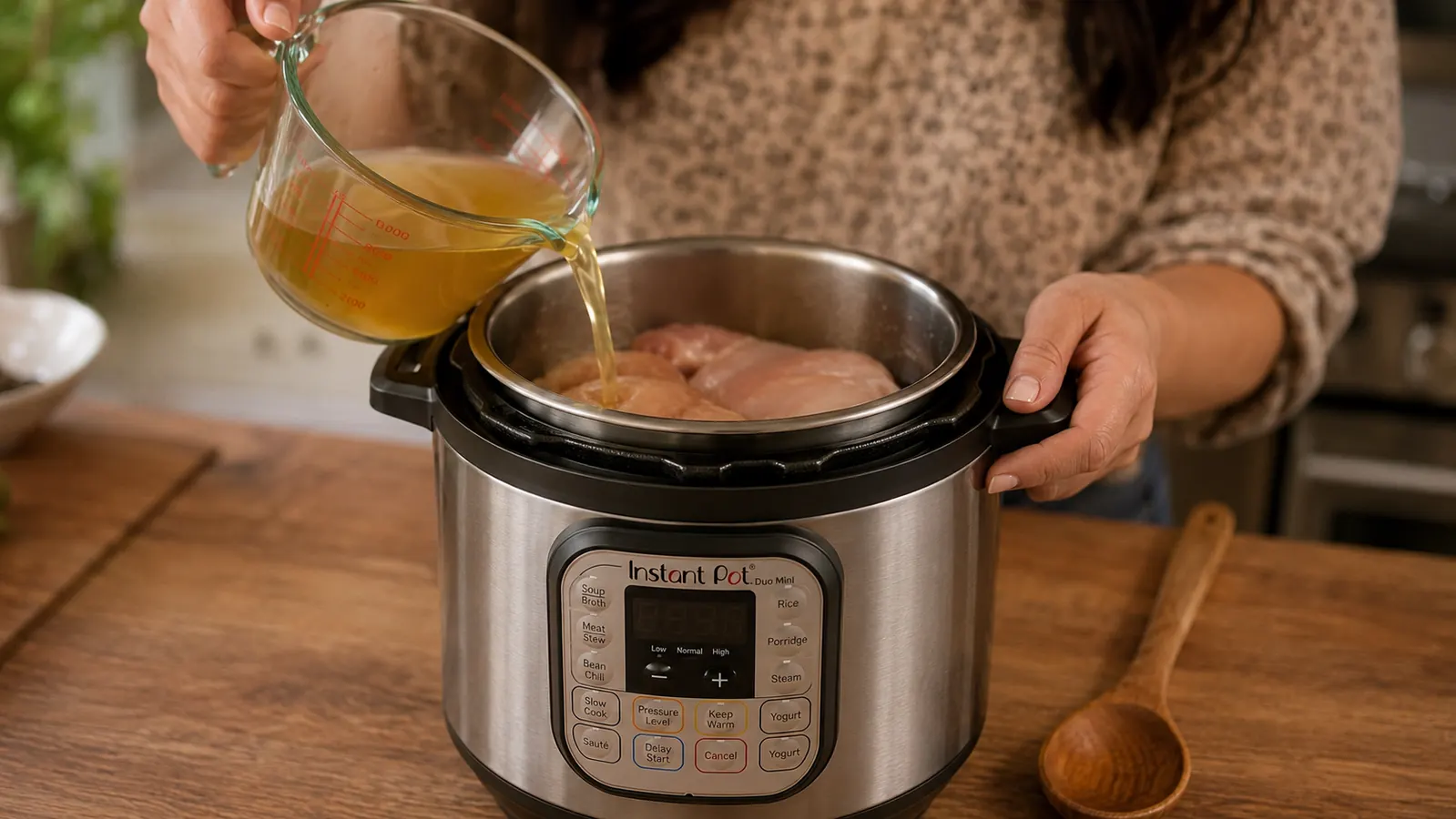 Hand pouring chicken broth into the Instant Pot Duo Mini inner pot with raw chicken thighs inside