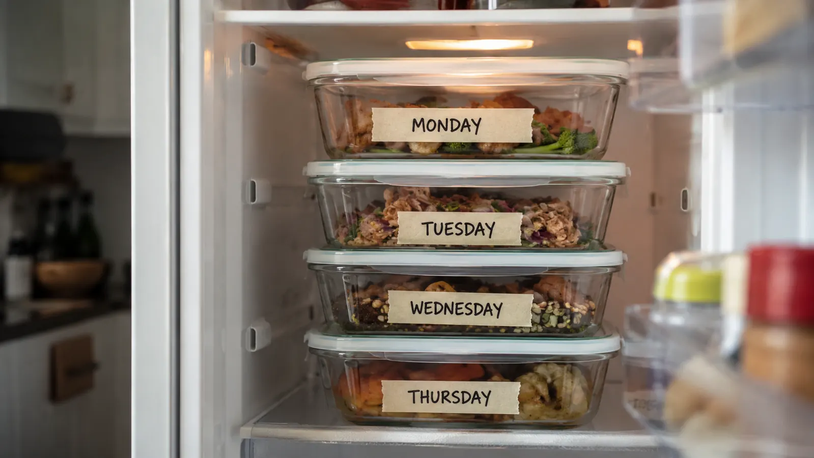 Four labeled glass storage containers lined up inside a small apartment refrigerator