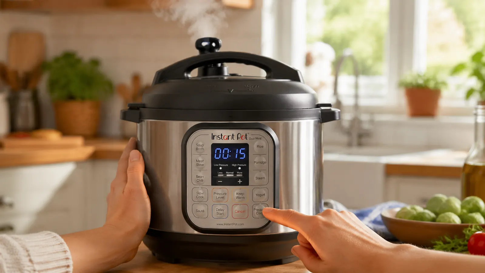 Hands setting the pressure cook button on the Instant Pot Duo Mini display panel