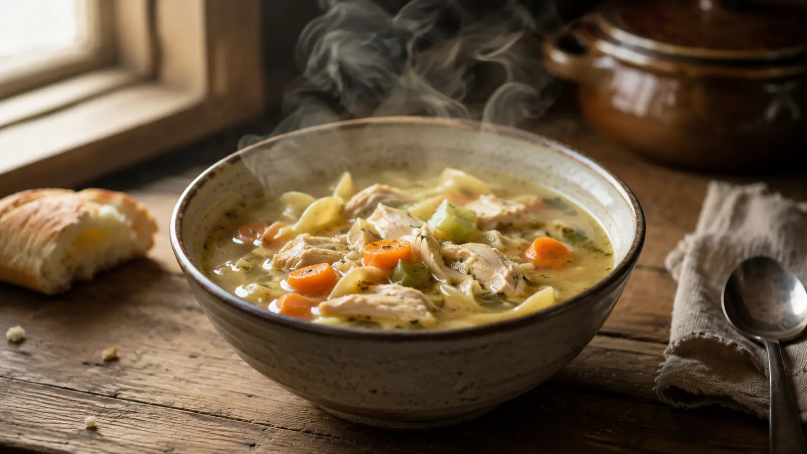 Bowl of chicken soup with noodles made in the Instant Pot Mini, placed on a wood table