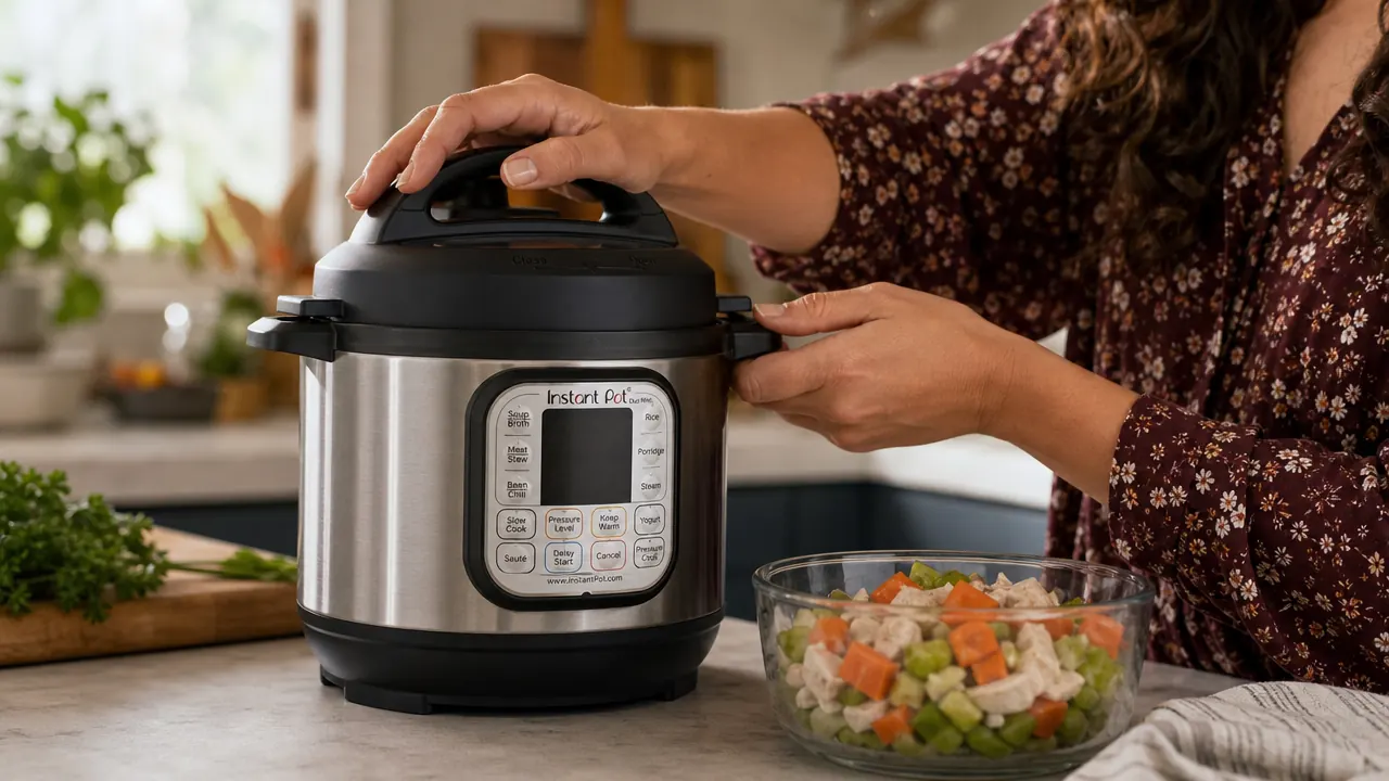 Hand placing the Instant Pot Mini 3-quart lid on the pot with a bowl of soup ingredients nearby