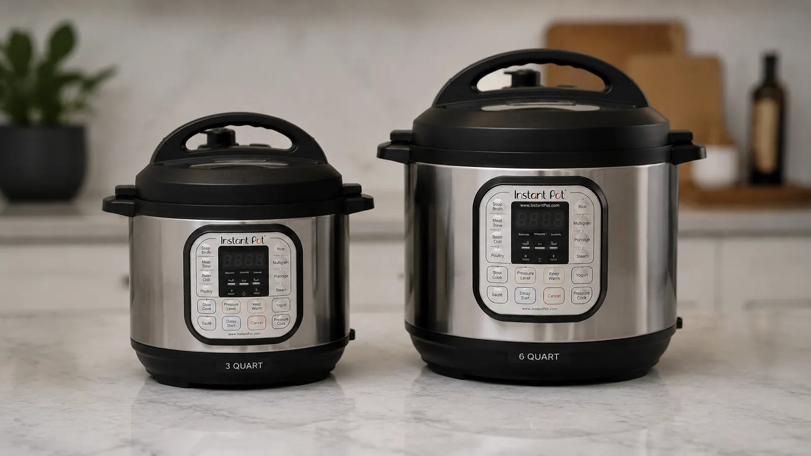 Side-by-side size comparison showing a 3-quart Instant Pot Mini next to a 6-quart standard Instant Pot on a counter