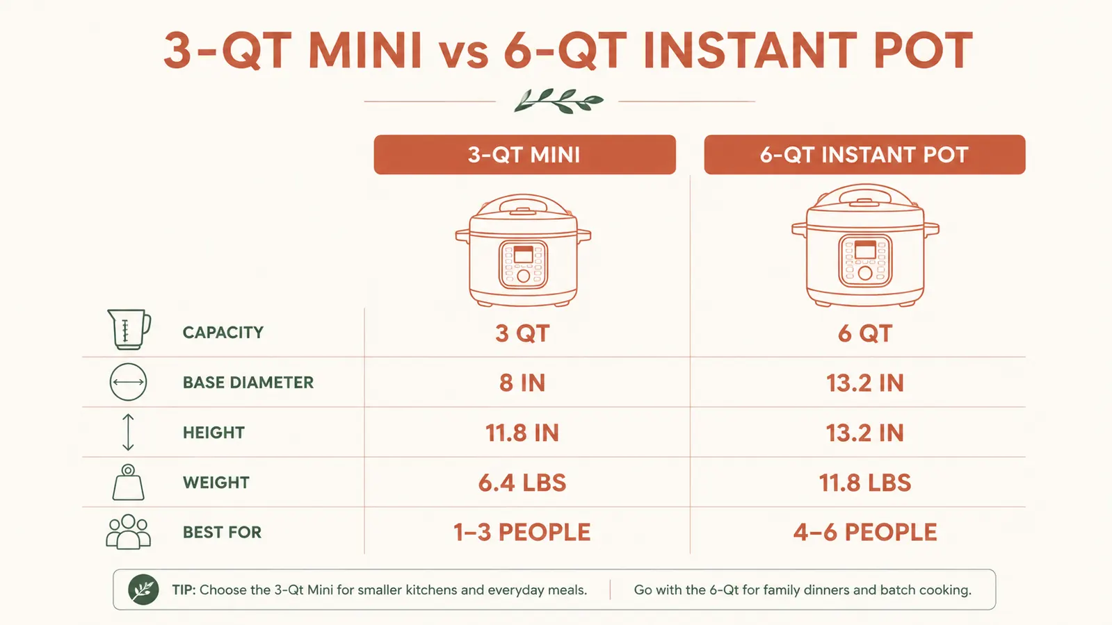 Chart showing footprint dimensions and capacity comparison between 3-quart and 6-quart Instant Pot models