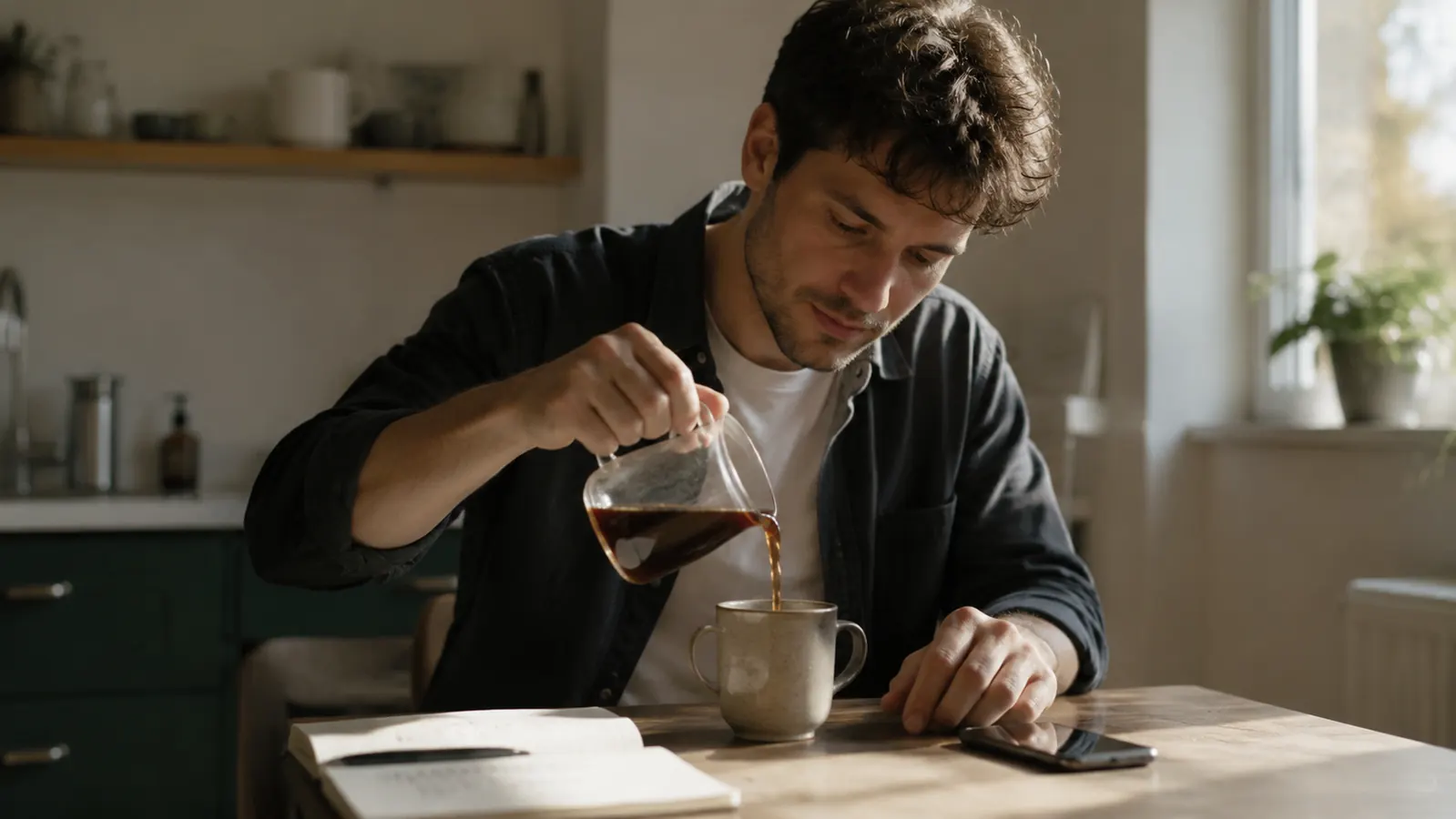 Person pouring coffee from the Mr. Coffee Mini glass carafe into a mug at a small apartment breakfast table, morning routine scene