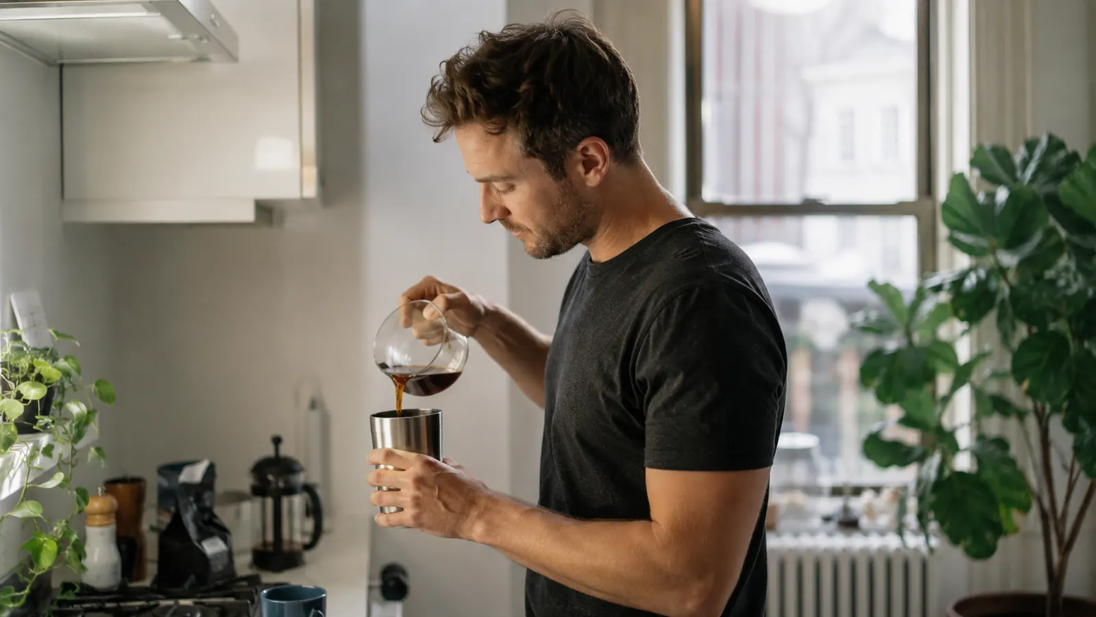 Person in a small apartment kitchen pouring coffee from the Mr. Coffee Mini glass carafe into a travel mug on a weekday morning