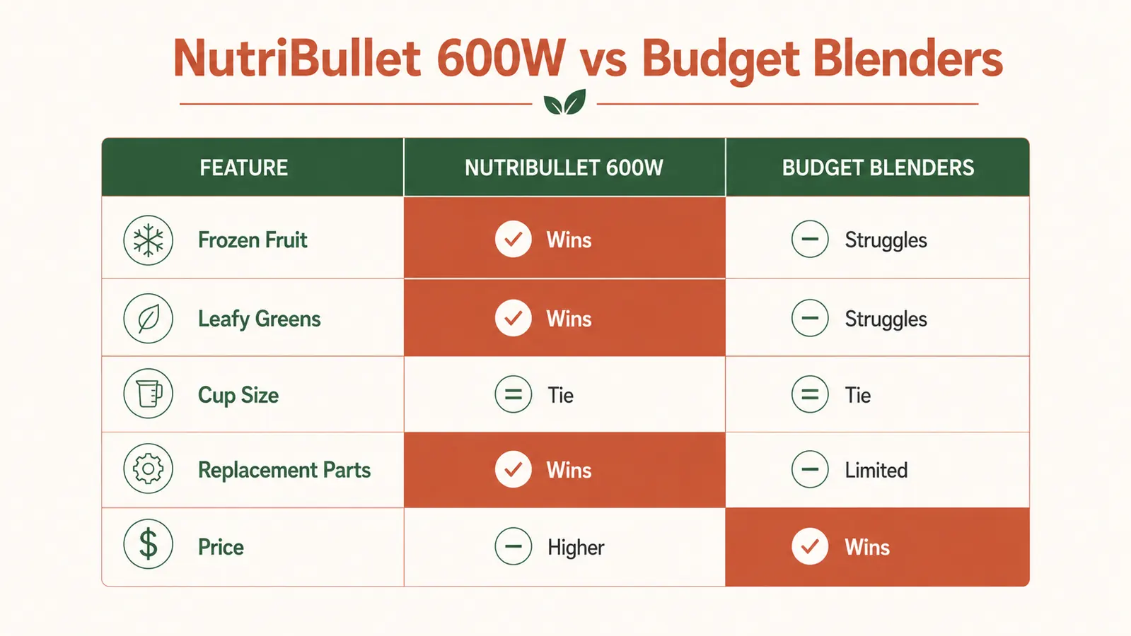 Chart comparing NutriBullet 600W vs budget personal blenders on five real-world criteria