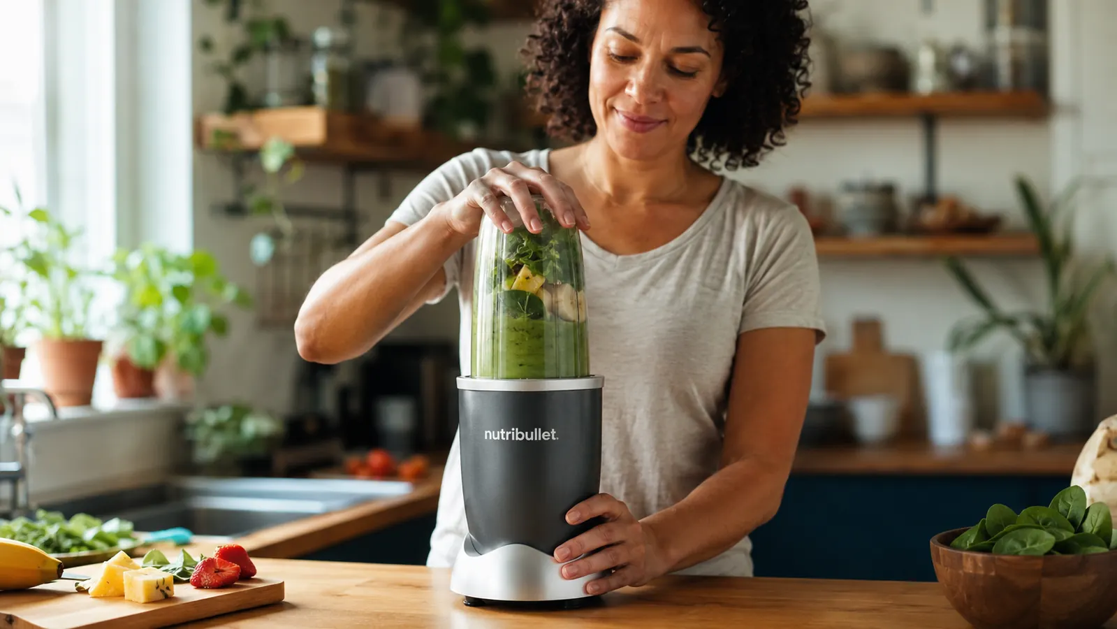 Hand pressing the NutriBullet cup down onto the base to start blending a green smoothie