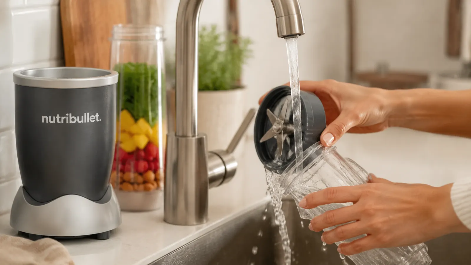 NutriBullet cup and blade assembly rinsed clean under a kitchen faucet, water running over it