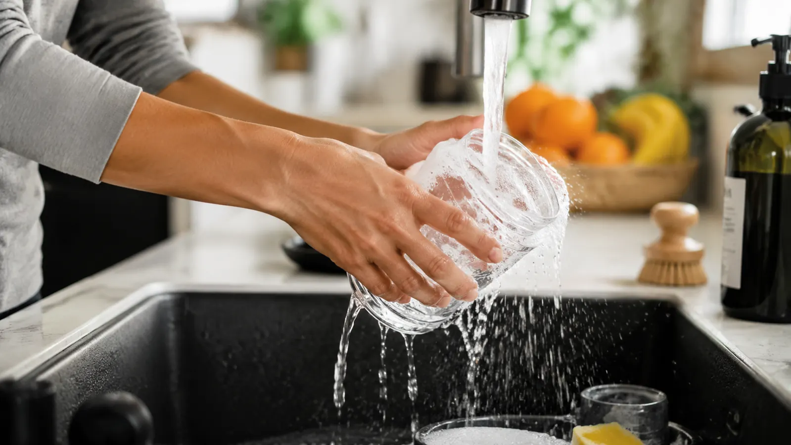 Person rinsing a NutriBullet cup under the kitchen faucet, showing how quick cleanup is